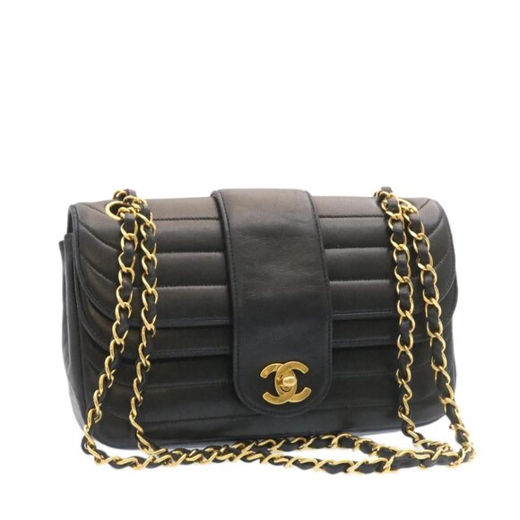 CHANEL Lamb Skin Double Flap Chain Shoulder Bag Black CC Auth 26207AV - Picture 1 of 16
